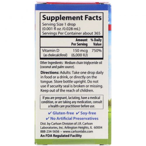 Carlson Labs, Super Daily D3, 6,000 IU, 0.35 fl oz (10.3 ml)