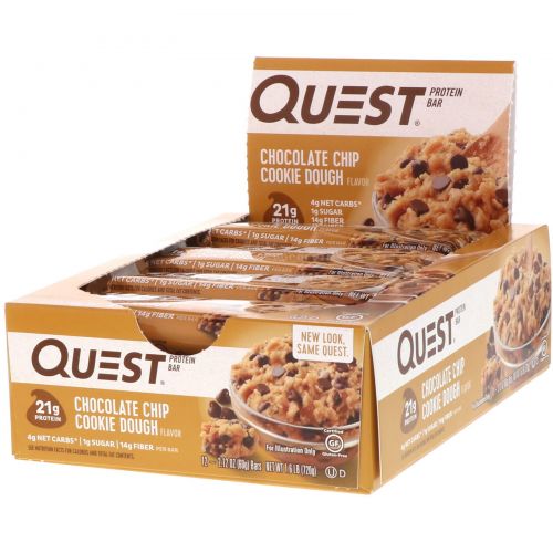 Quest Nutrition, QuestBar, Protein Bar, Chocolate Chip Cookie Dough, 12 Bars, 2.1 oz (60 g) Each