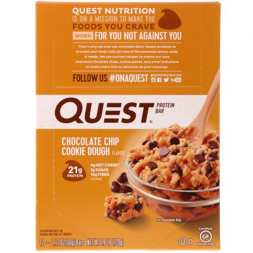 Quest Nutrition, QuestBar, Protein Bar, Chocolate Chip Cookie Dough, 12 Bars, 2.1 oz (60 g) Each