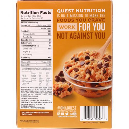 Quest Nutrition, QuestBar, Protein Bar, Chocolate Chip Cookie Dough, 12 Bars, 2.1 oz (60 g) Each