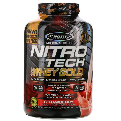 Muscletech, Nitro Tech 100% Whey Gold, клубника, 5.53 фунтов (2.51 кг)