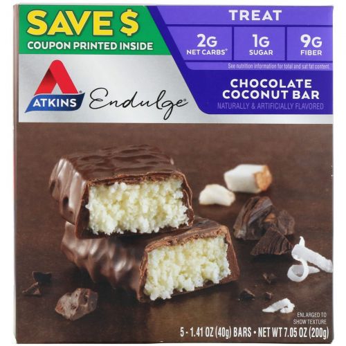 Atkins, Endulge, Шоколадные батончики с кокосом, 5 батончиков, каждый по 1,4 унции (40 г)