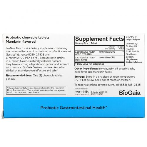 BioGaia, Gastrus, Stomach Health, Mandarin Orange Flavor, 30 Chewable Tablets