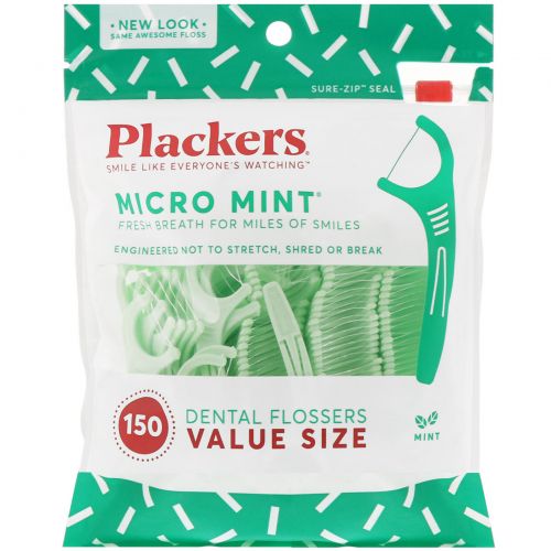 Plackers, Micro Mint, зубочистки с нитью, экономичная упаковка, мята, 150 шт.