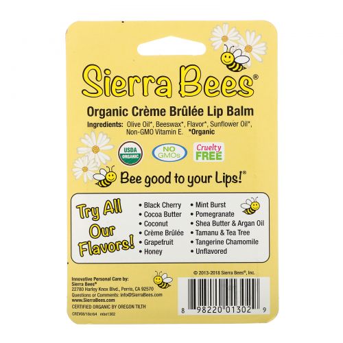 Sierra Bees, Органические бальзамы для губ, крем брюле, 4 в упаковке, по 4,25 г (0,15 унц.) каждый