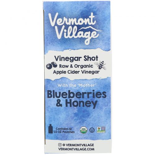 Vermont Village Vinegar Shots, Organic, Apple Cider Vinegar Shot, Blueberries & Honey, 12 Pack, 1 oz (28 g) Each