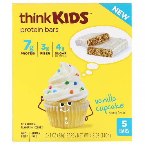 ThinkThin, ThinkKids, протеиновые батончики, ванильный кекс, 5 штук по 28 г (1 унции) каждый