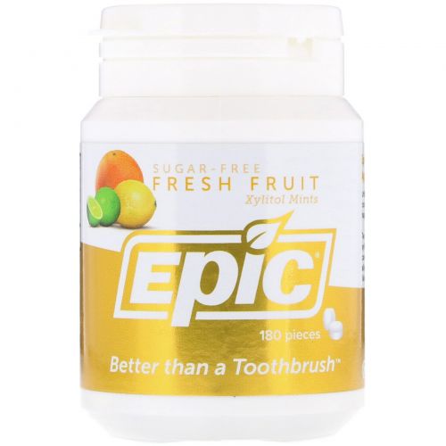 Epic Dental, Подслащенные 100%-ным ксилитом мятные таблетки со вкусом свежих фруктами, 180 шт.