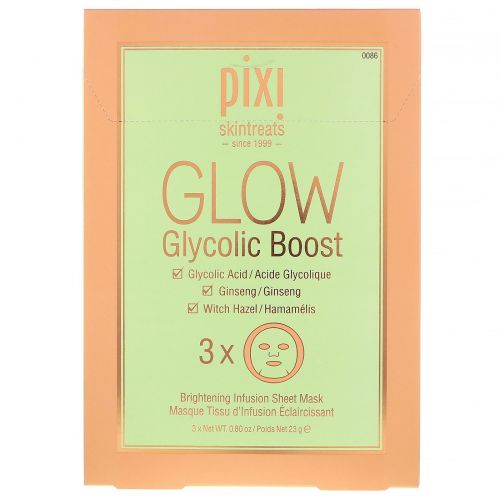 Pixi Beauty, Skintreats, Glow Glycolic Boost, Brightening Infusion Sheet Mask, 3 Sheets