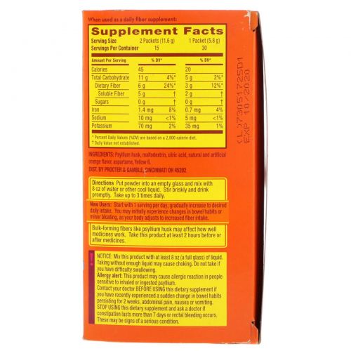 Metamucil, 4 in 1 MultiHealth Fiber Powder Packets, Sugar Free, Orange Smooth Singles, 30 Packets, 0.21 oz (5.8 g) Each