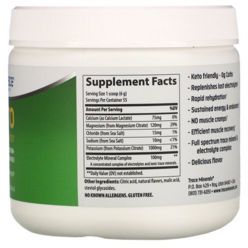 Trace Minerals Research, Keto Electrolyte Powder, Sugar Free, Lemon Lime Flavor, 11.6 oz (330 g)