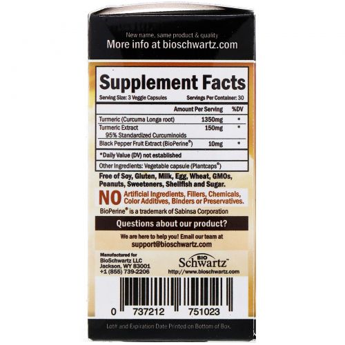 BioSchwartz, Premium Ultra Pure Turmeric Curcumin with Bioperine, 1500 mg, 90 Veggie Caps