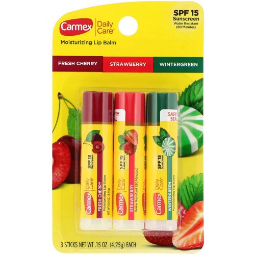 Carmex, Ежедневный бальзам для губ, SPF 15, разыне вкусы, 3 шт. 0,15 унций (4,25 г)