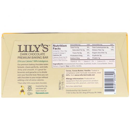 Lily's Sweets, Premium Baking Bar, Dark Chocolate, 4 oz (113 g)