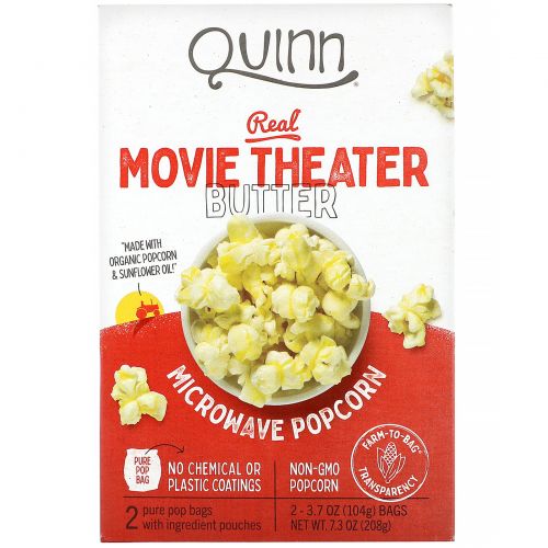 Quinn Popcorn, Real Movie Theater, попкорн для приготовления в микроволновой печи, с маслом, 2 пакета, 104 г (3,7 унции) каждый