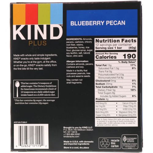 KIND Bars, Plus, Blueberry Pecan + Fiber, 12 Bars, 1.4 oz Each