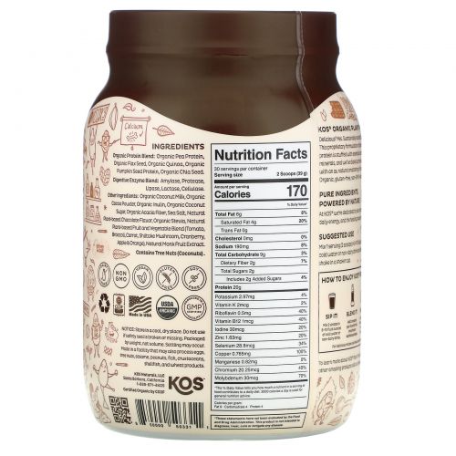 KOS, Organic Plant Protein, Chocolate, 2.6 lb (1,170 g)