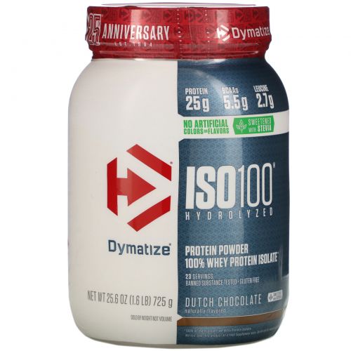 Dymatize Nutrition, ISO100 гидролизованный, 100% изолят сывороточного протеина, натуральный шоколадный вкус, 25,6 унц. (725 г)