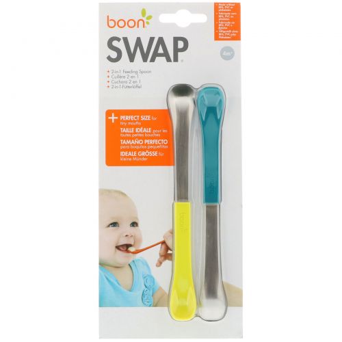 Boon, Swap, ложка для кормления 2-в-1, 4+ месяца, бирюзовая и желтая, 2 ложки