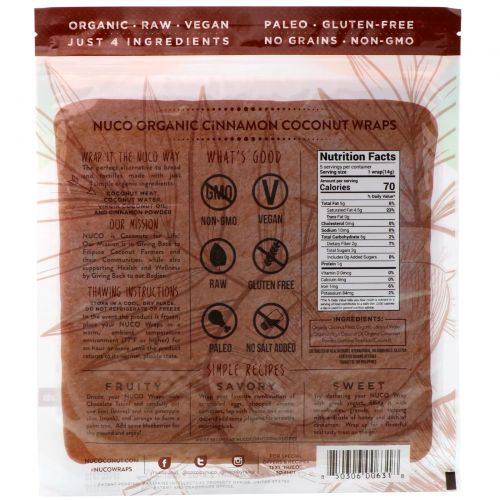 NUCO, Organic Coconut Wraps, Cinnamon, 5 Wraps (14 g) Each