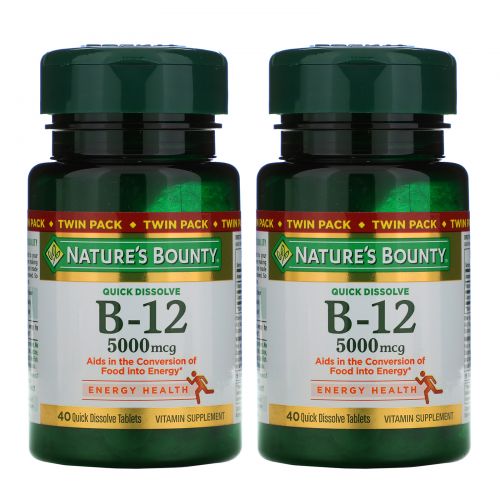 Nature's Bounty, B-12, двойная упаковка, натуральный вишневый вкус, 5000 мкг, по 40 быстрорастворимых таблеток в каждой упаковке