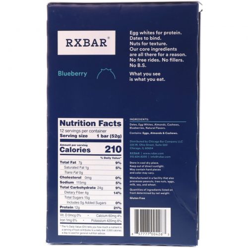 RXBAR, Protein Bars, Blueberry, 12 Bars, 1.83 oz (52 g) Each