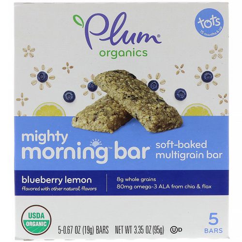 Plum Organics, Mighty Morning Bar, Tots,  Blueberry Lemon, 5 Bars, 0.67 oz (19 g) Each