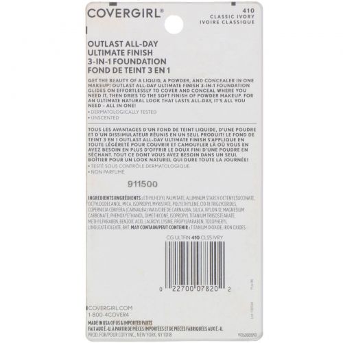 Covergirl, Outlast All-Day Ultimate Finish, тональная основа 3 в 1, оттенок 410 «Классическая слоновая кость», 11 г (0,4 унции)