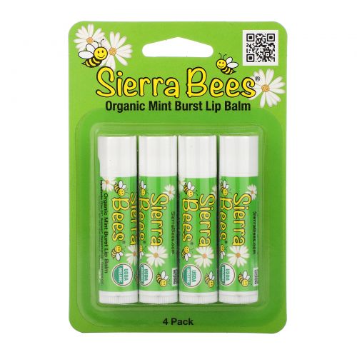 Sierra Bees, Органические бальзамы для губ, мятный взрыв, 4 шт. в упаковке, по 0,15 унц. (4,25 г) каждый