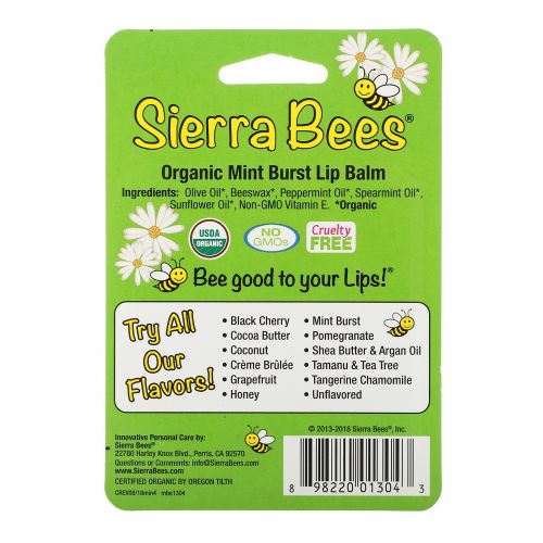 Sierra Bees, Органические бальзамы для губ, мятный взрыв, 4 шт. в упаковке, по 0,15 унц. (4,25 г) каждый