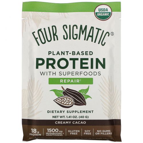 Four Sigmatic, Plant-Based Protein with Superfoods, Creamy Cacao, 10 Packets, 1.41 oz (40 g)