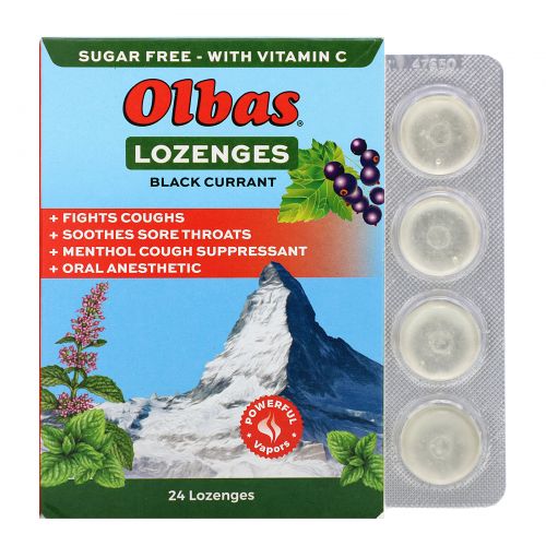 Olbas Therapeutic, Пастилки с маслом олбас со вкусом черной смородины, Без сахара, 24 пастилки