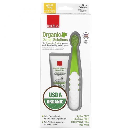 RADIUS, Organic Dental Solutions, Firm Bristles, Adult Dog, 1.5-8 Years , 1 Toothbrush + .8 oz Tooth Gel