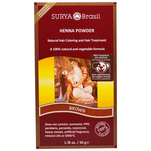 Surya Henna, Порошок хны, натуральное окрашивание и уход за волосами, коричневый, 50 г