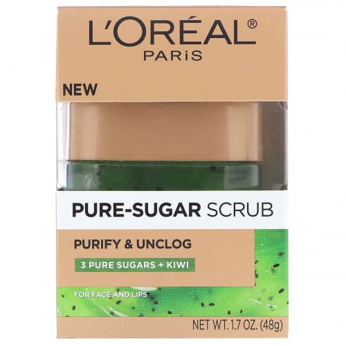 L'Oreal, Скраб Pure-Sugar, очищение и открытие пор, 3 вида сахара + киви, 48 г