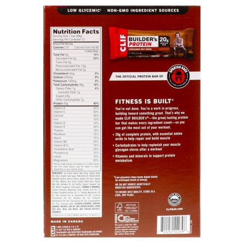 Clif Bar, Builder's Protein Bar, Cinnamon Nut Swirl, 12 Bars, 2.40 oz (68 g) Each