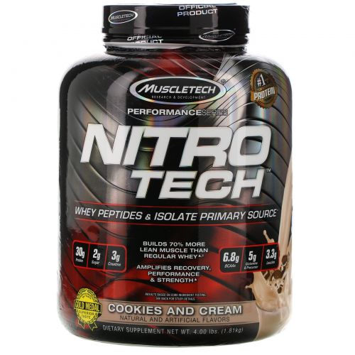 Muscletech, Nitro Tech, сывороточный изолят для наращивания сухой мышечной массы, со вкусом печенья с кремом, 3.97 фунта (1.8 кг)