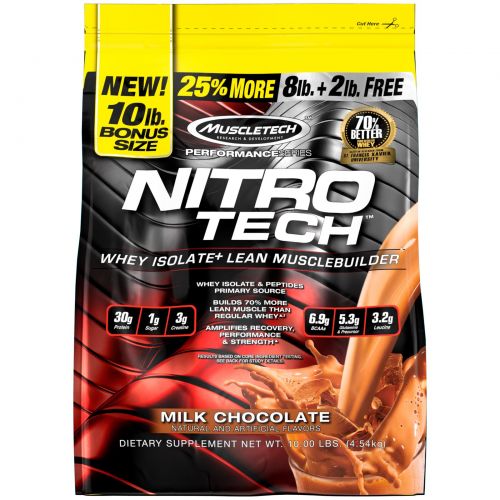 Muscletech, Серия "Достижение", Nitro-Tech, Сывороточный изолят для формирования сухой мышечной массы, Молочный шоколад, 10 фунтов (4,54 кг)