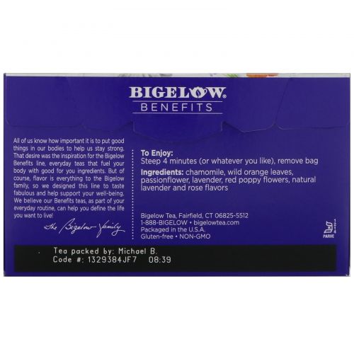 Bigelow, Benefits, Сон, травяной чай с ромашкой и лавандой, 18 чайных пакетиков, 1,44 унц. (40 г)