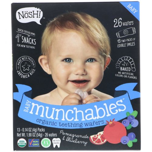 NosH!, Baby Munchables, Organic Teething Wafers, Pomegranate & Blueberry, 13 Packs, 0.14 oz (4 g) Each