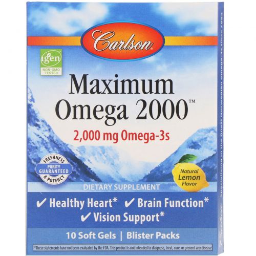 Carlson Labs, Maximum Omega 2000, Natural Lemon Flavor, 2,000 mg, 10 Pack, 10 Soft Gels Each