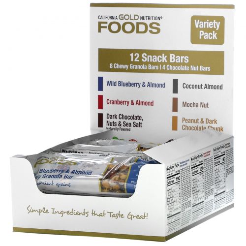 California Gold Nutrition, Foods, Разнообразные закусочные батончики, 12 батончиков, 1,4 унции (40 г) каждый