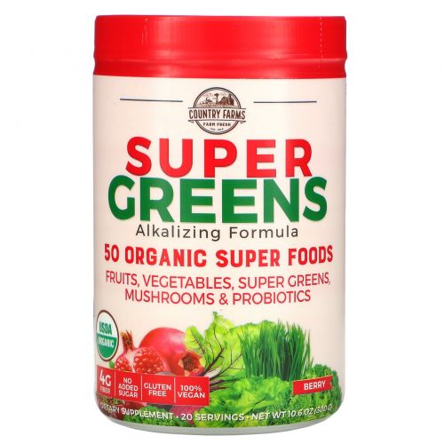 Country Farms, Super Greens, сертифицированная органическая формула из цельных продуктов, вкусный ягодный аромат, 10,6 унц. (300 г)