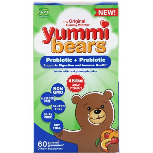 Hero Nutritional Products, Yummi Bears, пробиотик + пребиотик, натуральные вкусы клубники и апельсина, 60 вкусных жевательных таблеток