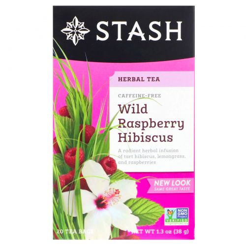 Stash Tea, Травяной чай высшего сорта, дикая малина и гибискус, без кофеина, 20 чайных пакетиков, 1,3 унции (38 г)