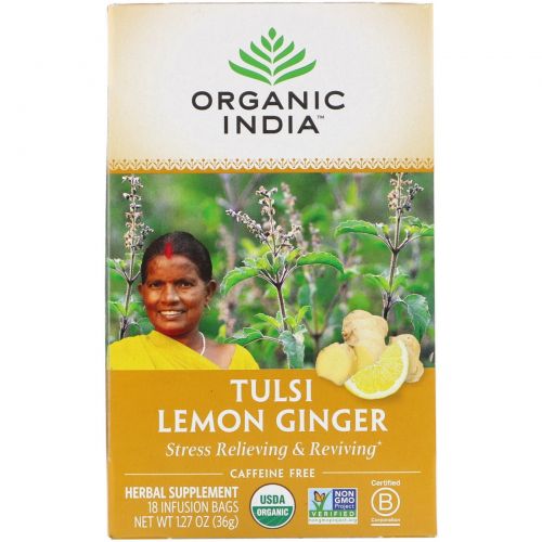 Organic India, Чай тулси, с ароматом лимона и имбиря, без кофеина, 18 бумажных пакетиков, 1.27 унций (36 г)