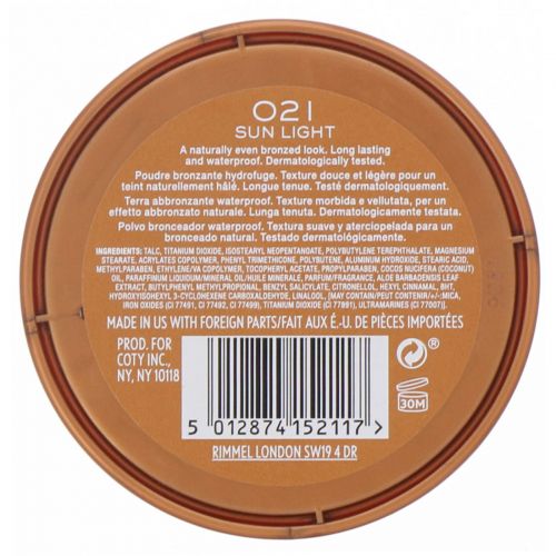 Rimmel London, Natural Bronzer, водостойкая бронзирующая пудра, оттенок 021 «Солнечный свет», 14 г