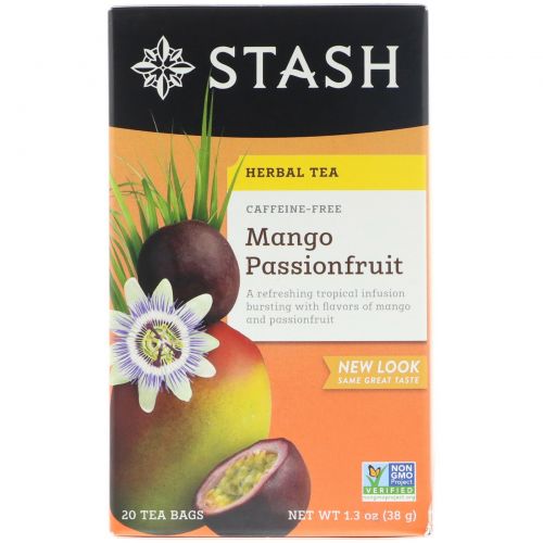 Stash Tea, Высший сорт, манго и маракуйя, травяной чай, без кофеина, 20 чайных пакетиков, 1,3 унции (38 г)