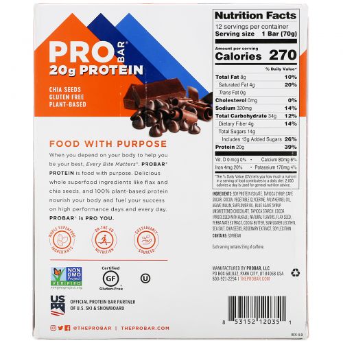 ProBar, Base, 20 g Protein Bar, Chocolate Bliss, 12 - 2.46 oz (70 g) Each