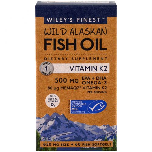 Wiley's Finest, Wild Alaskan Fish Oil, Vitamin K2, 60 Fish Oil Softgels